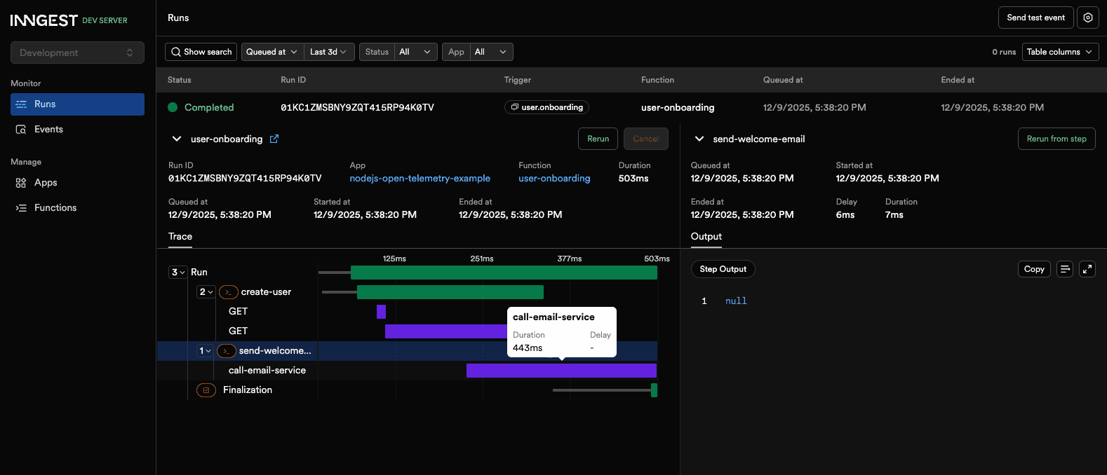 The user-onboarding run displays Inngest Traces featuring the call-email-service custom span